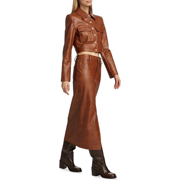 New WAYF Croc Embossed Crop Faux Leather Jacket in Brown Size M - Picture 13 of 13